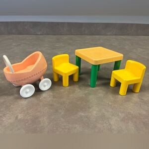 Vintage Little Tikes dollhouse table with chairs and baby stroller